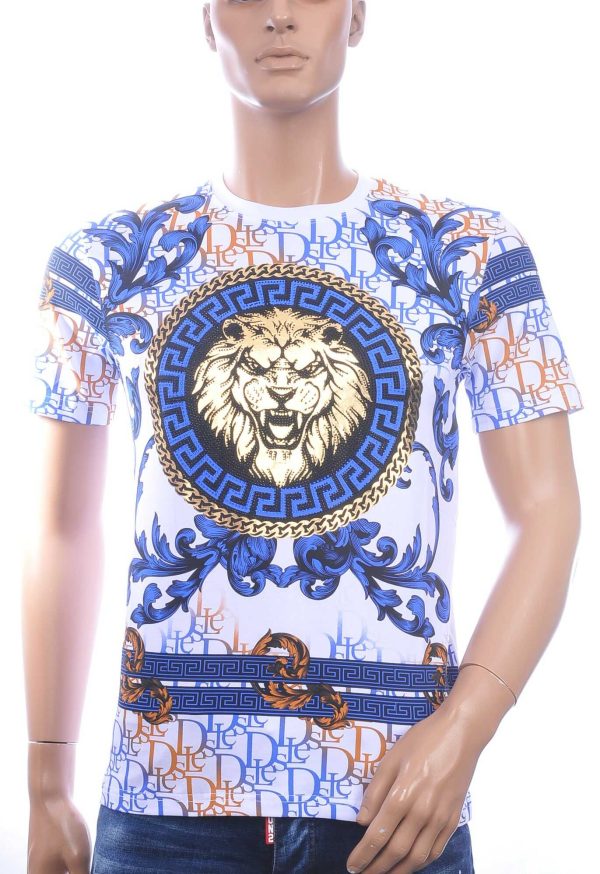 LES DESIGNERS Ronde Hals T-Shirt met Leeuwenkop met Steentjes – Wit