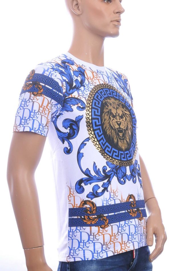 LES DESIGNERS Ronde Hals T-Shirt met Leeuwenkop met Steentjes – Wit