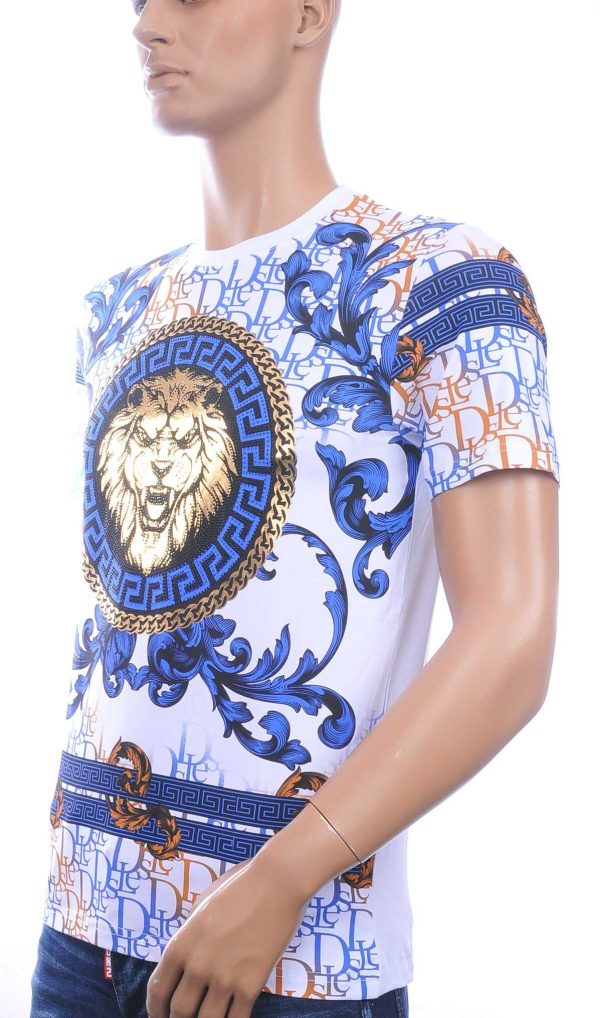 LES DESIGNERS Ronde Hals T-Shirt met Leeuwenkop met Steentjes – Wit