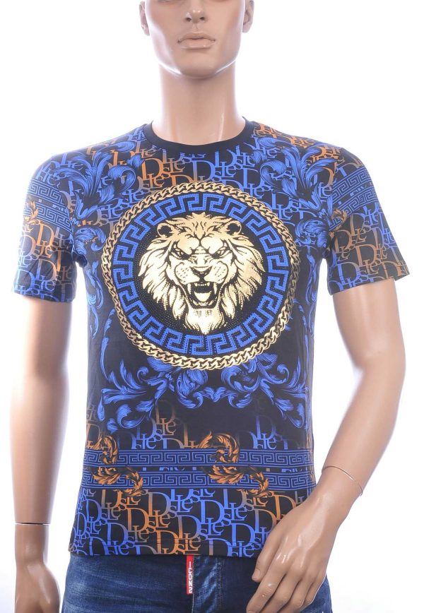 LES DESIGNERS Ronde Hals T-Shirt met Leeuwenkop met Steentjes – Zwart