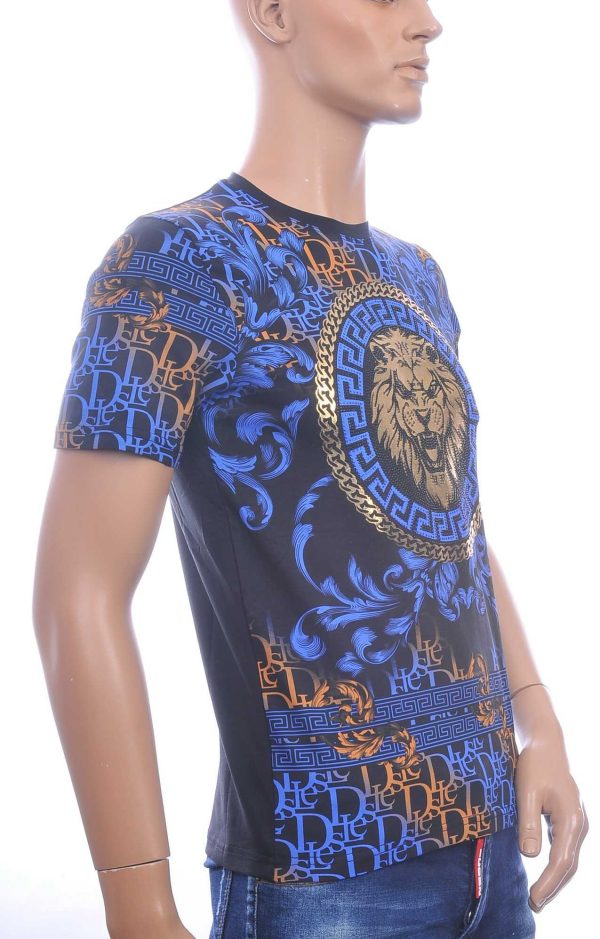 LES DESIGNERS Ronde Hals T-Shirt met Leeuwenkop met Steentjes – Zwart