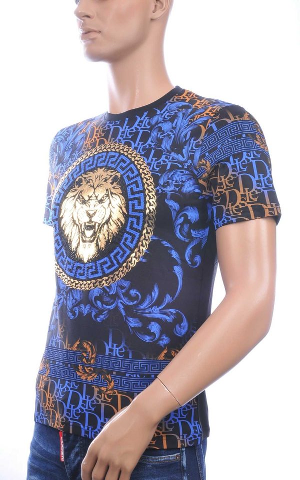 LES DESIGNERS Ronde Hals T-Shirt met Leeuwenkop met Steentjes – Zwart