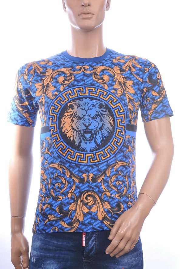 LES DESIGNERS Ronde Hals T-Shirt met Leeuwenkop en Steentjes – Blauw