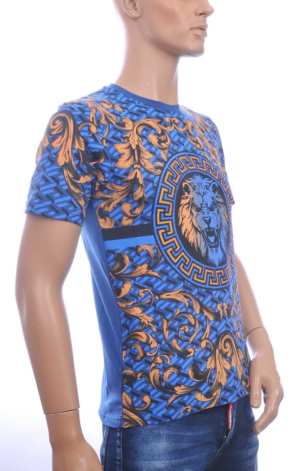 LES DESIGNERS Ronde Hals T-Shirt met Leeuwenkop en Steentjes – Blauw