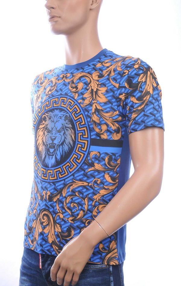 LES DESIGNERS Ronde Hals T-Shirt met Leeuwenkop en Steentjes – Blauw