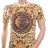 LES DESIGNERS Ronde Hals T-Shirt met Leeuwenkop en Steentjes – Geel