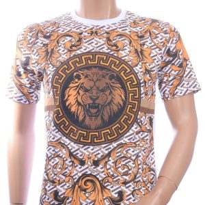 LES DESIGNERS Ronde Hals T-Shirt met Leeuwenkop en Steentjes – Wit