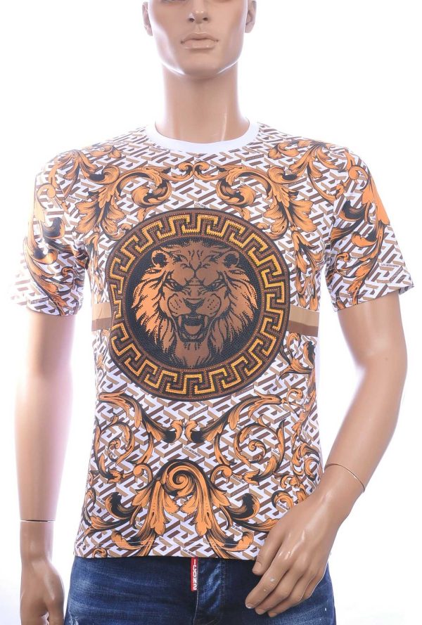 LES DESIGNERS Ronde Hals T-Shirt met Leeuwenkop en Steentjes – Wit