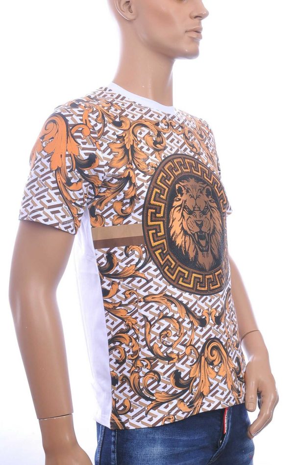 LES DESIGNERS Ronde Hals T-Shirt met Leeuwenkop en Steentjes – Wit
