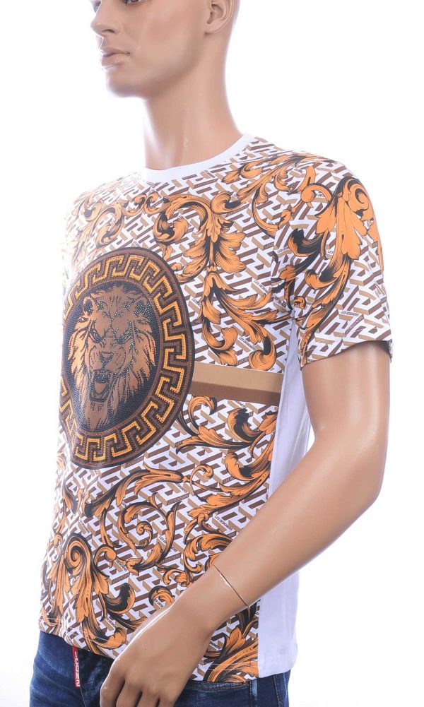 LES DESIGNERS Ronde Hals T-Shirt met Leeuwenkop en Steentjes – Wit