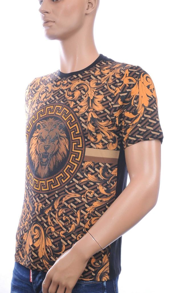 LES DESIGNERS Ronde Hals T-Shirt met Leeuwenkop en Steentjes – Zwart