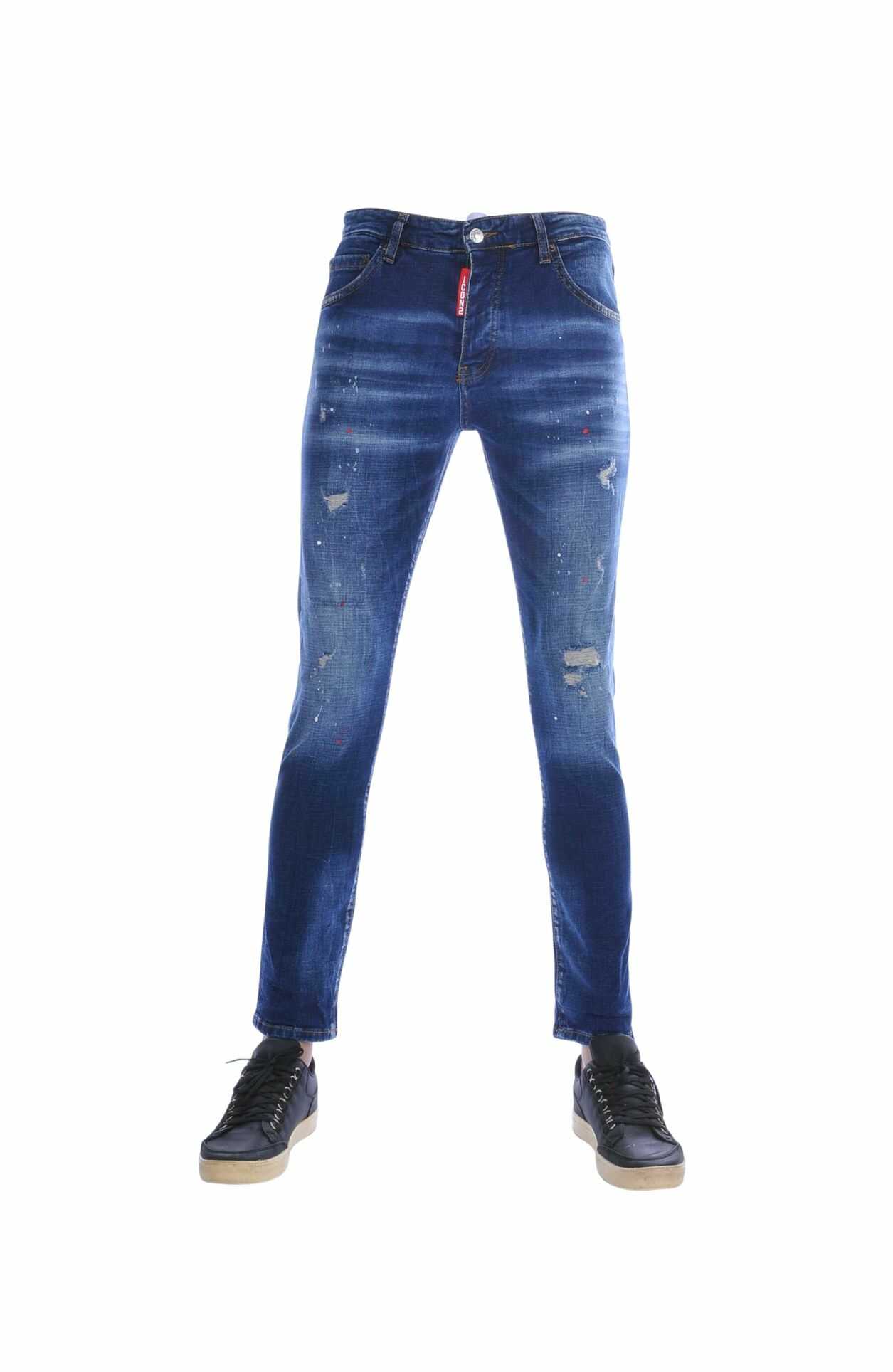 ICON2 Hippie Gescheurde Slim Fit Stretch Heren Jeans met Verfspatten – Blauw