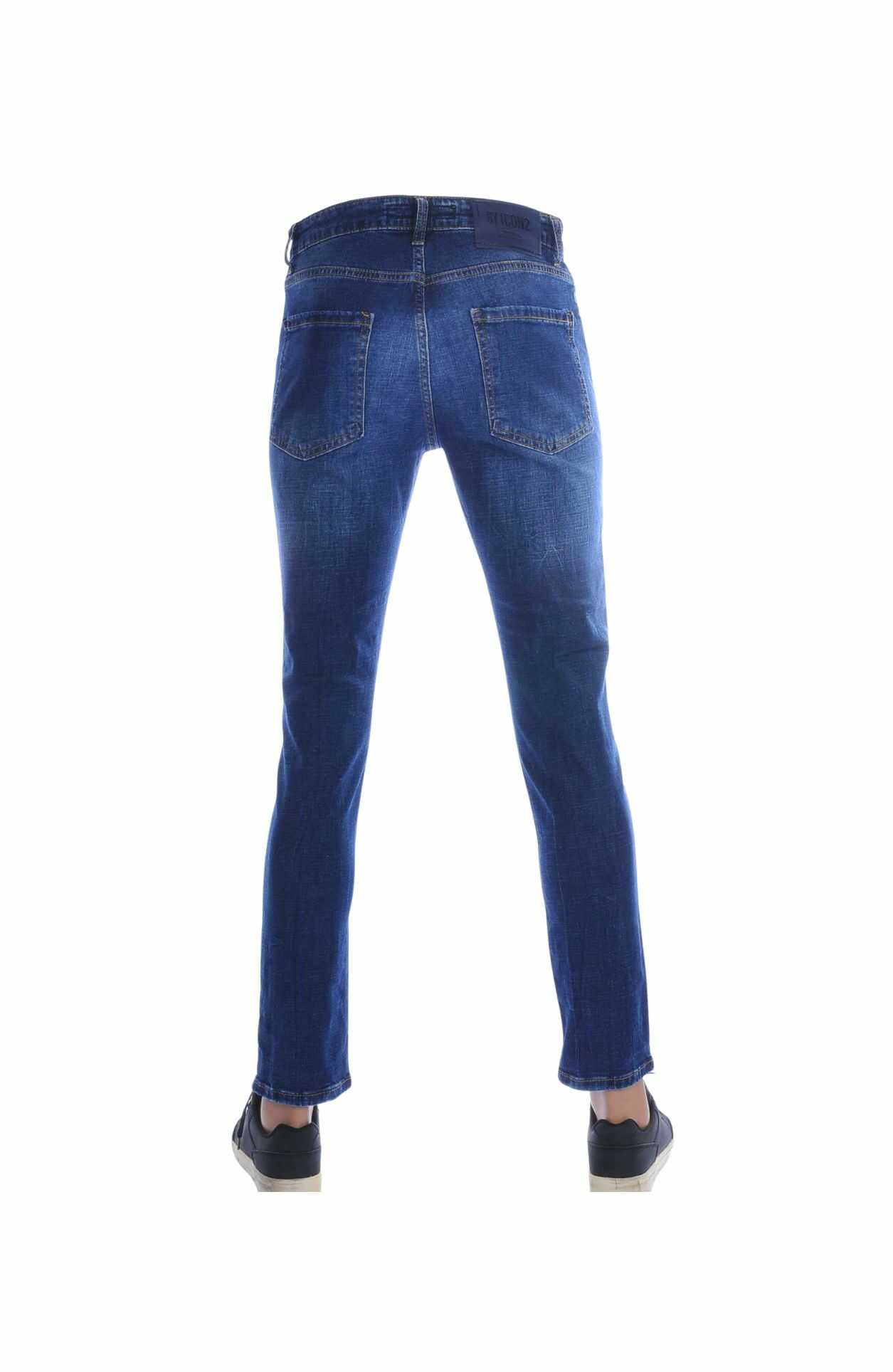 ICON2 Hippie Gescheurde Slim Fit Stretch Heren Jeans met Verfspatten – Blauw