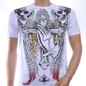 BAXBOY Ronde Hals Heren Skull T-Shirt met Steentjes - Wit