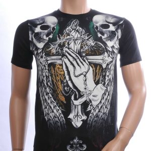 John Angels Ronde Hals Heren Skull T-Shirt met Steentjes - Zwart