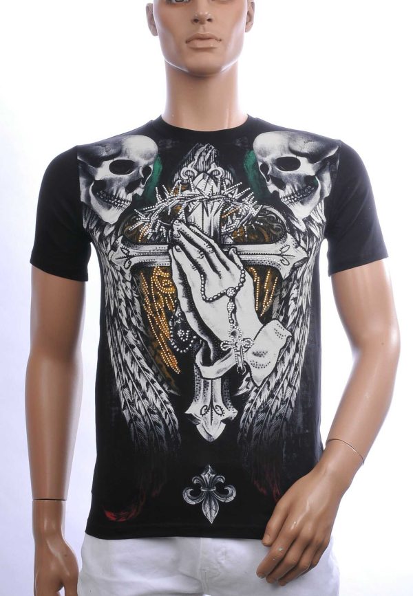 John Angels Ronde Hals Heren Skull T-Shirt met Steentjes - Zwart