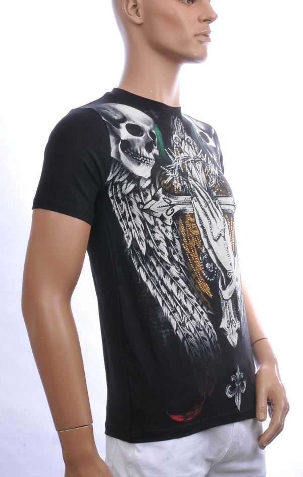 John Angels Ronde Hals Heren Skull T-Shirt met Steentjes - Zwart