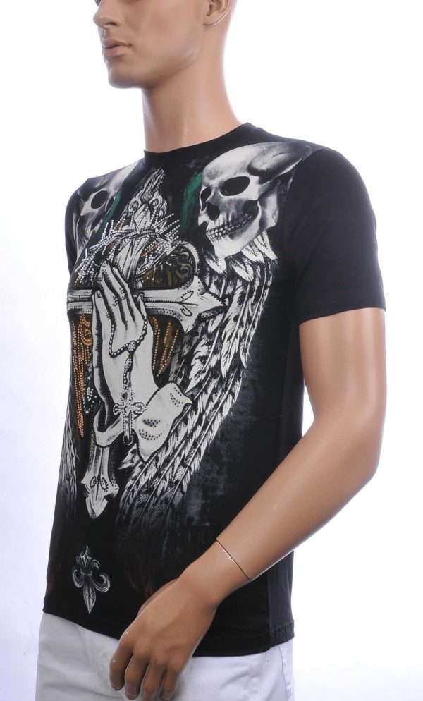 John Angels Ronde Hals Heren Skull T-Shirt met Steentjes - Zwart