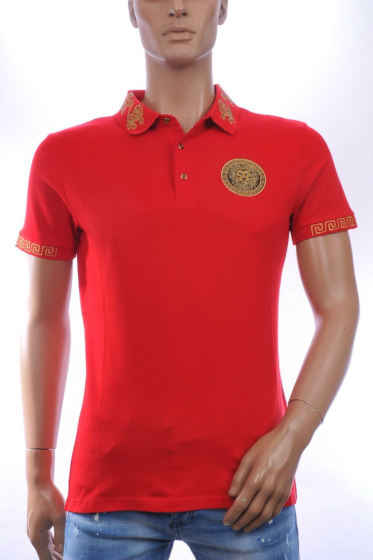 CLUB JU Heren Polo T-shirt met Leeuwenkop Badge met Steentjes – Rood