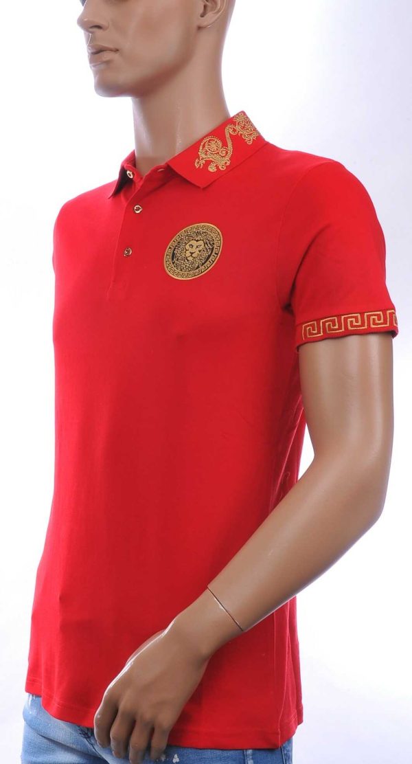 CLUB JU Heren Polo T-shirt met Leeuwenkop Badge met Steentjes – Rood
