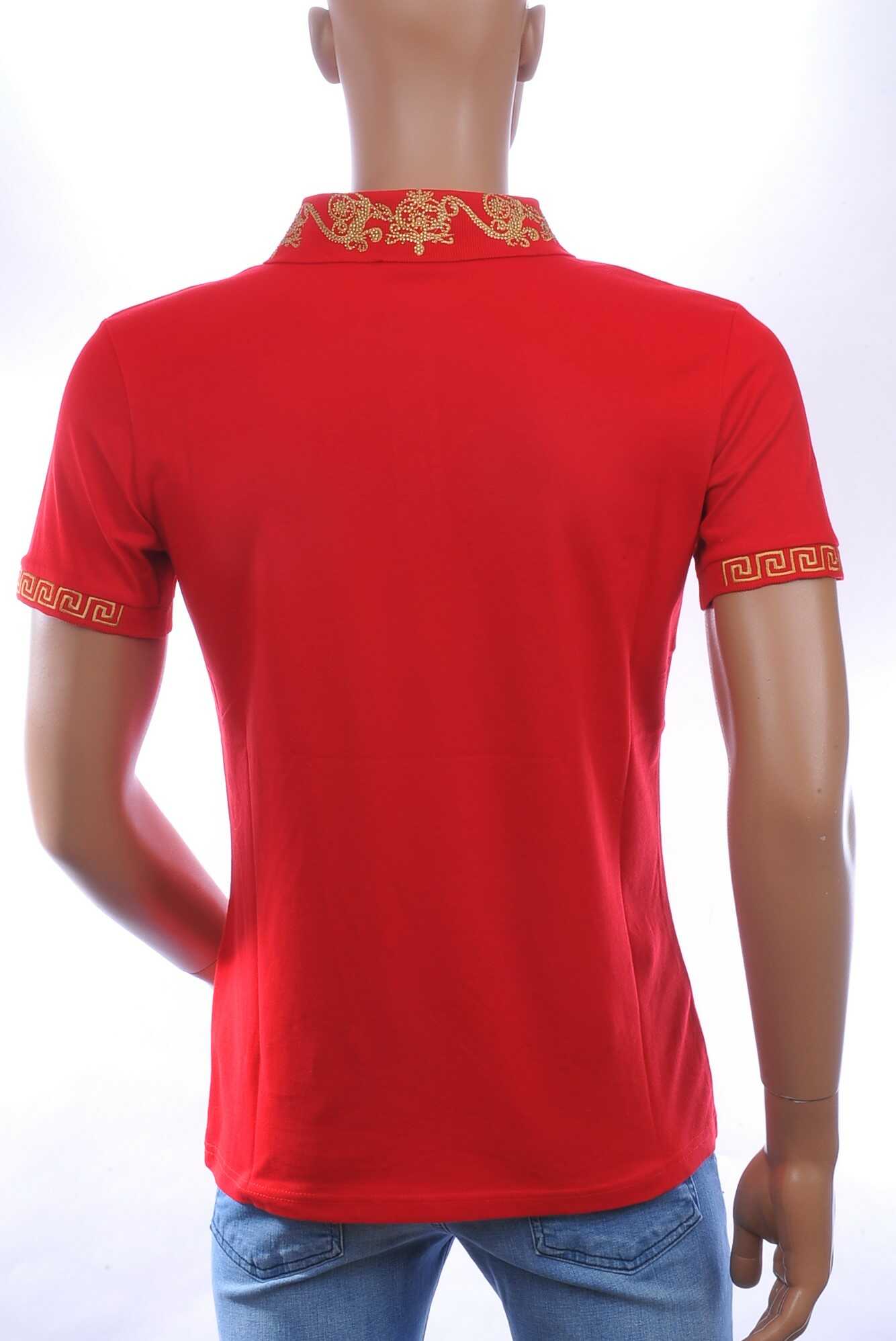 CLUB JU Heren Polo T-shirt met Leeuwenkop Badge met Steentjes – Rood