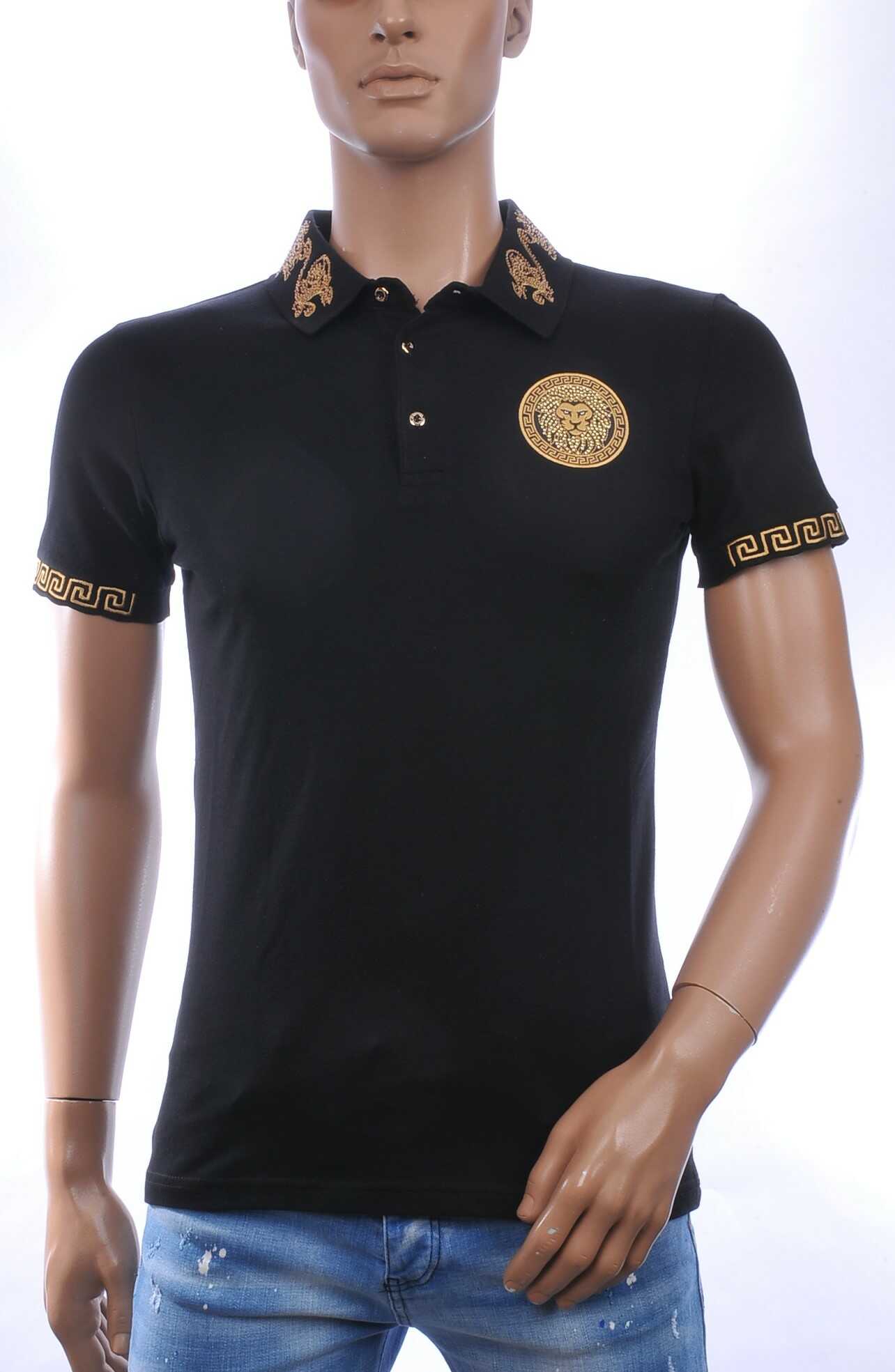 CLUB JU Heren Polo T-shirt met Leeuwenkop Badge met Steentjes – Zwart