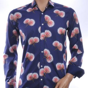 CORRINO Italiaans Slim Fit Heren Overhemd met Allover Paardenbloem Print – Navy Blauw
