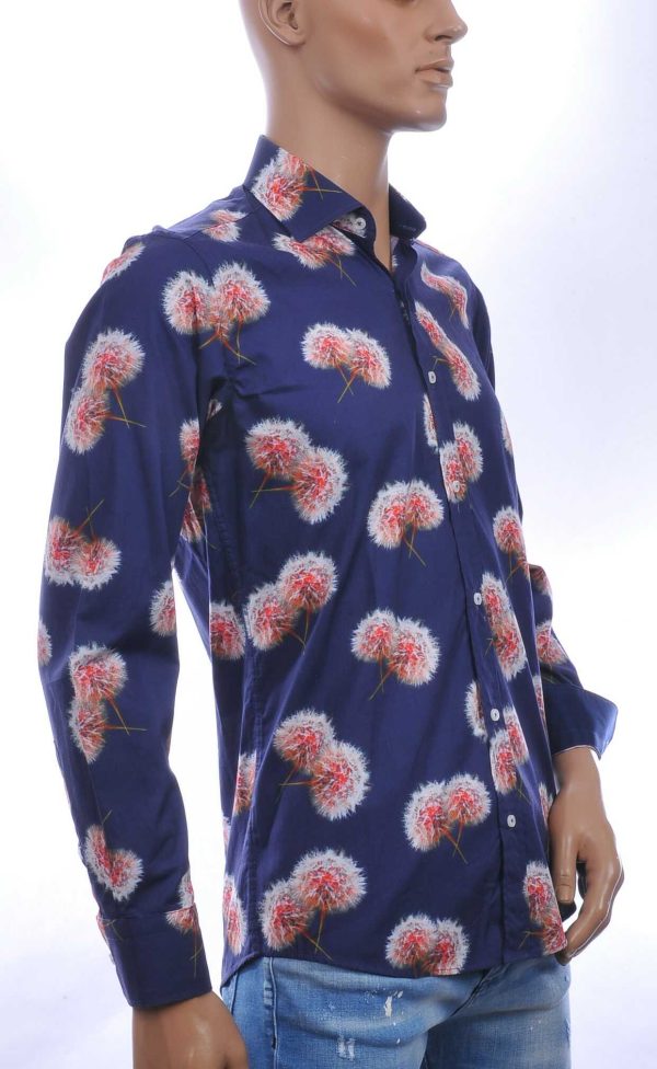 CORRINO Italiaans Slim Fit Heren Overhemd met Allover Paardenbloem Print – Navy Blauw