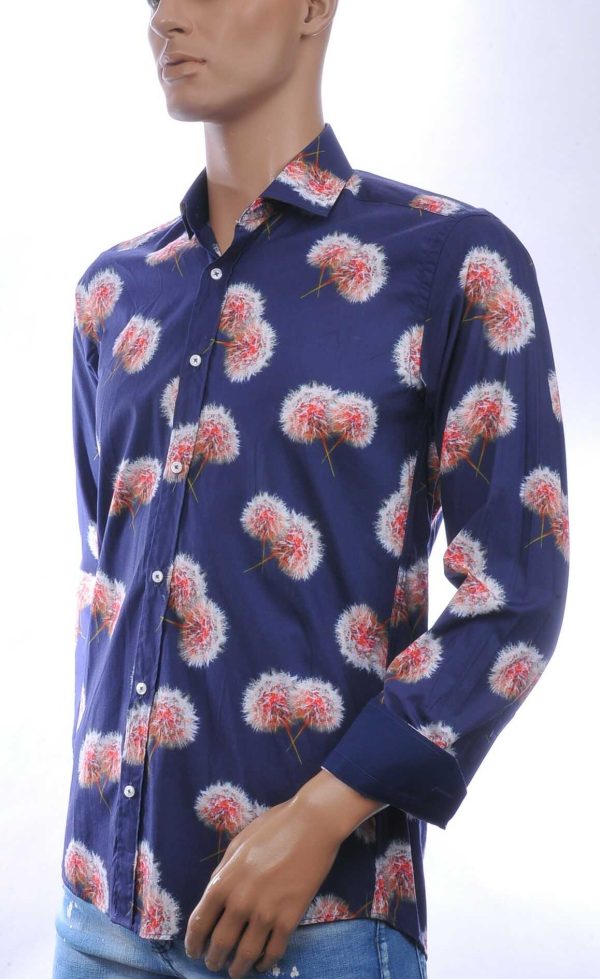 CORRINO Italiaans Slim Fit Heren Overhemd met Allover Paardenbloem Print – Navy Blauw