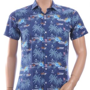 Ferlucci Slim Fit Hawaii Heren Overhemd met Korte Mouwen - Navy