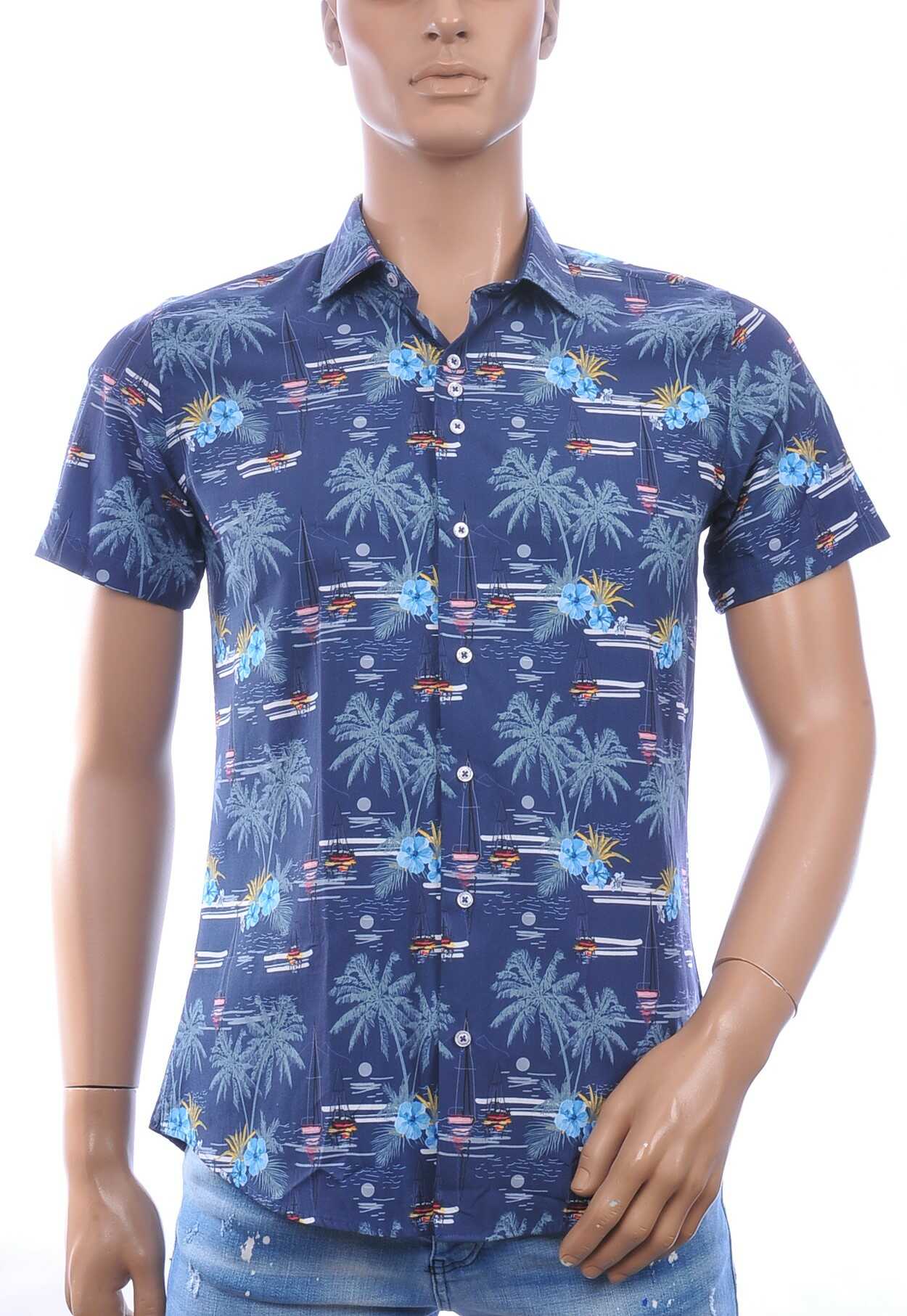 Ferlucci Slim Fit Hawaii Heren Overhemd met Korte Mouwen - Navy