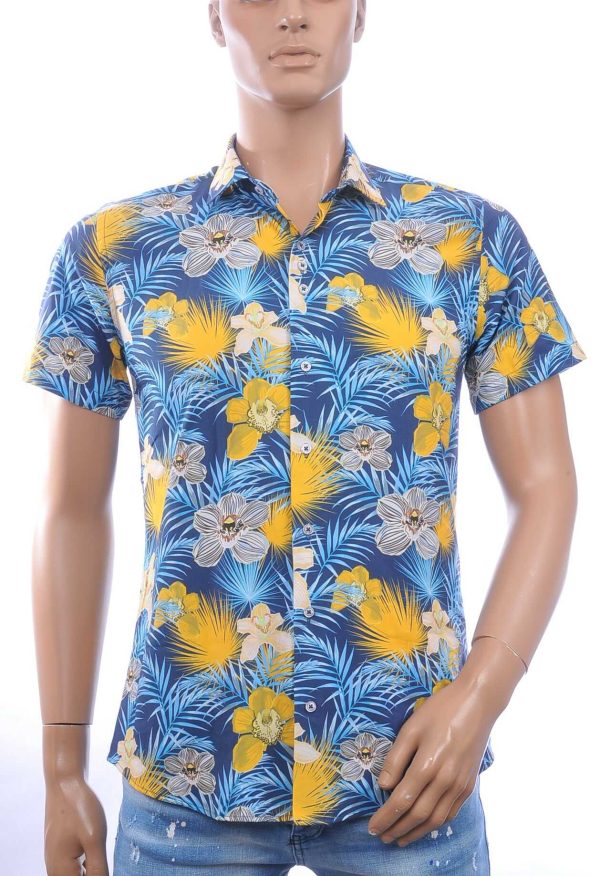 Ferlucci Slim Fit Hawaii Heren Overhemd met Korte Mouwen - Navy