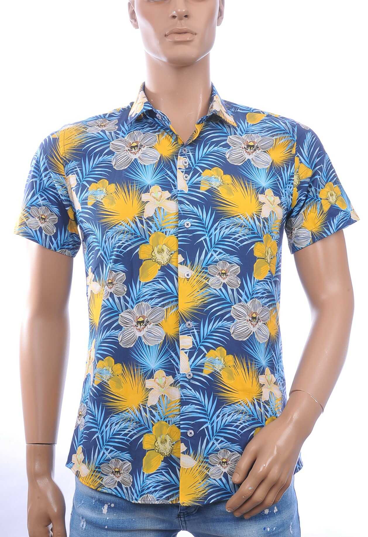 Ferlucci Slim Fit Hawaii Heren Overhemd met Korte Mouwen - Navy