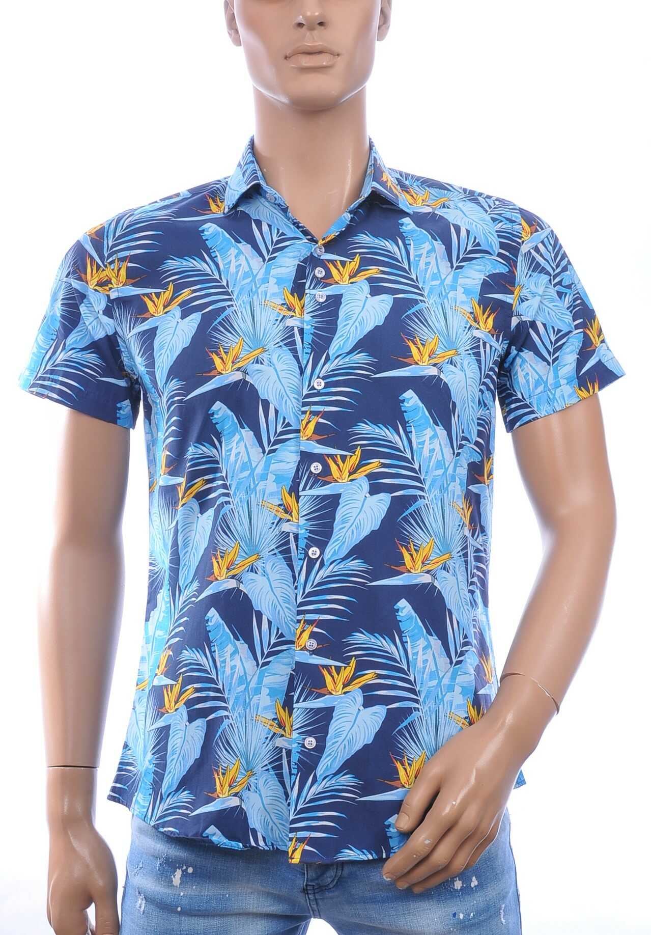 Ferlucci Slim Fit Hawaii Heren Overhemd met Korte Mouwen - Blauw