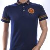 LES DESIGNERS Heren Polo T-Shirt met Leeuwenkop Badge en Goudkleurige Steentjes – Navy