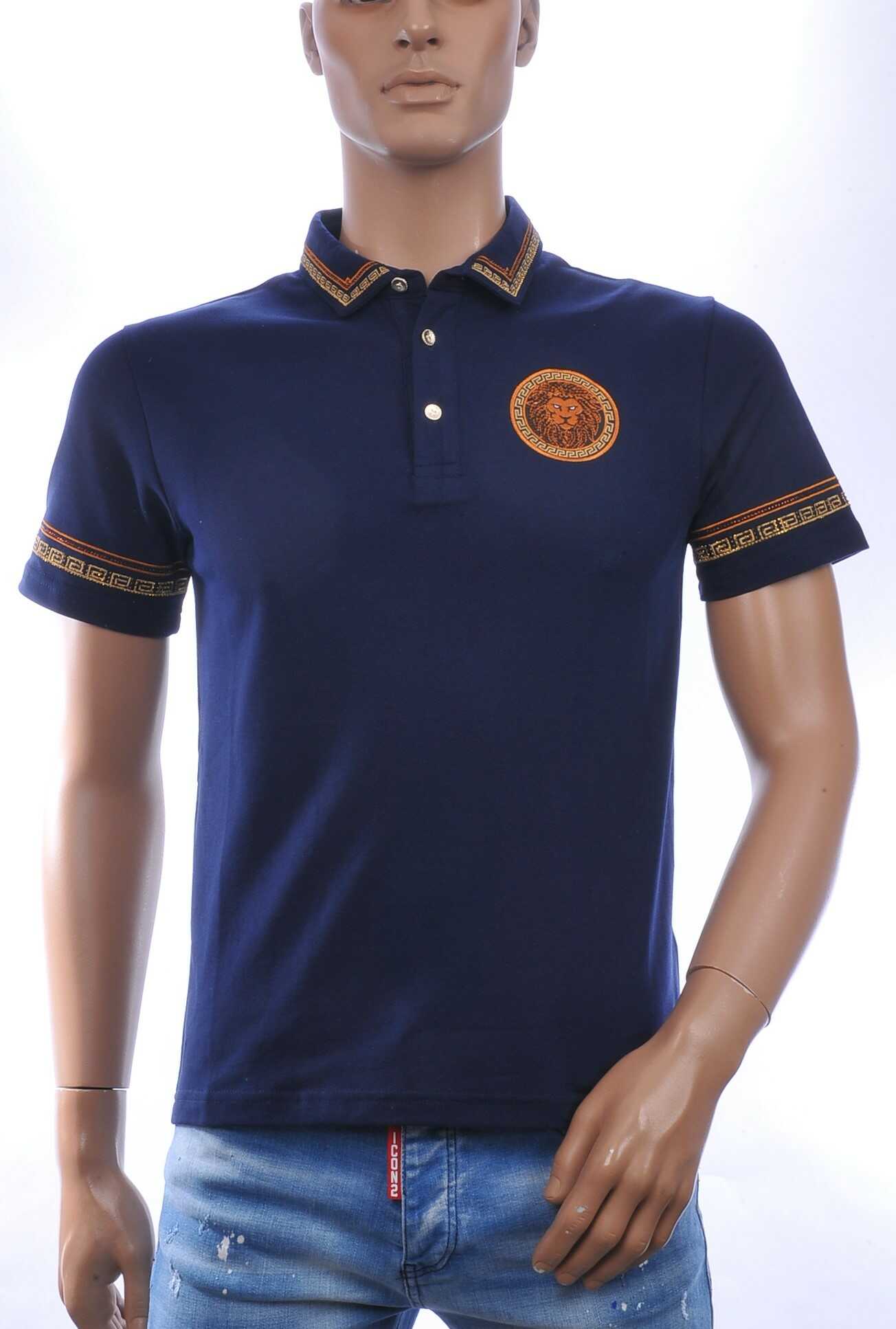 LES DESIGNERS Heren Polo T-Shirt met Leeuwenkop Badge en Goudkleurige Steentjes – Navy