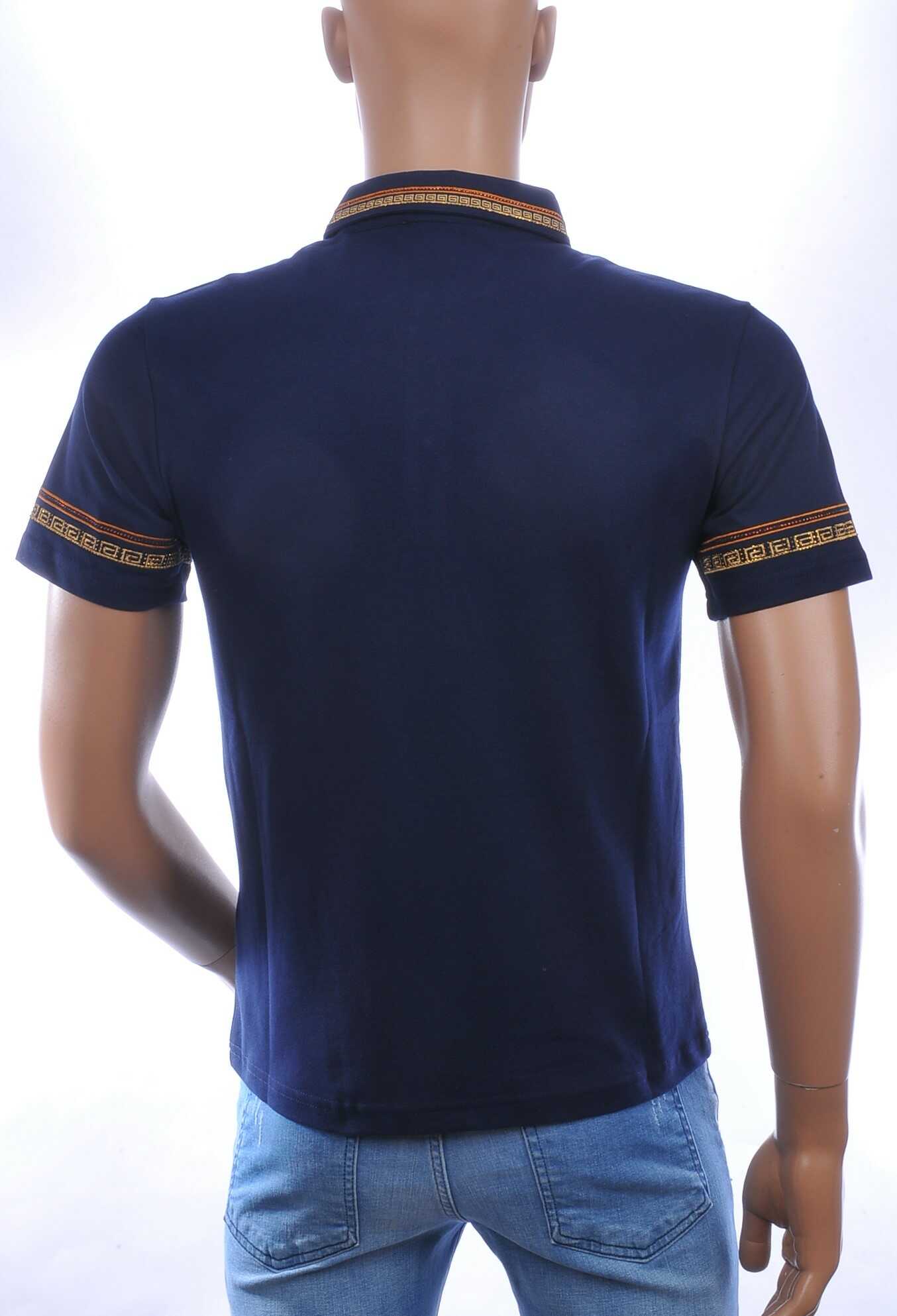 LES DESIGNERS Heren Polo T-Shirt met Leeuwenkop Badge en Goudkleurige Steentjes – Navy