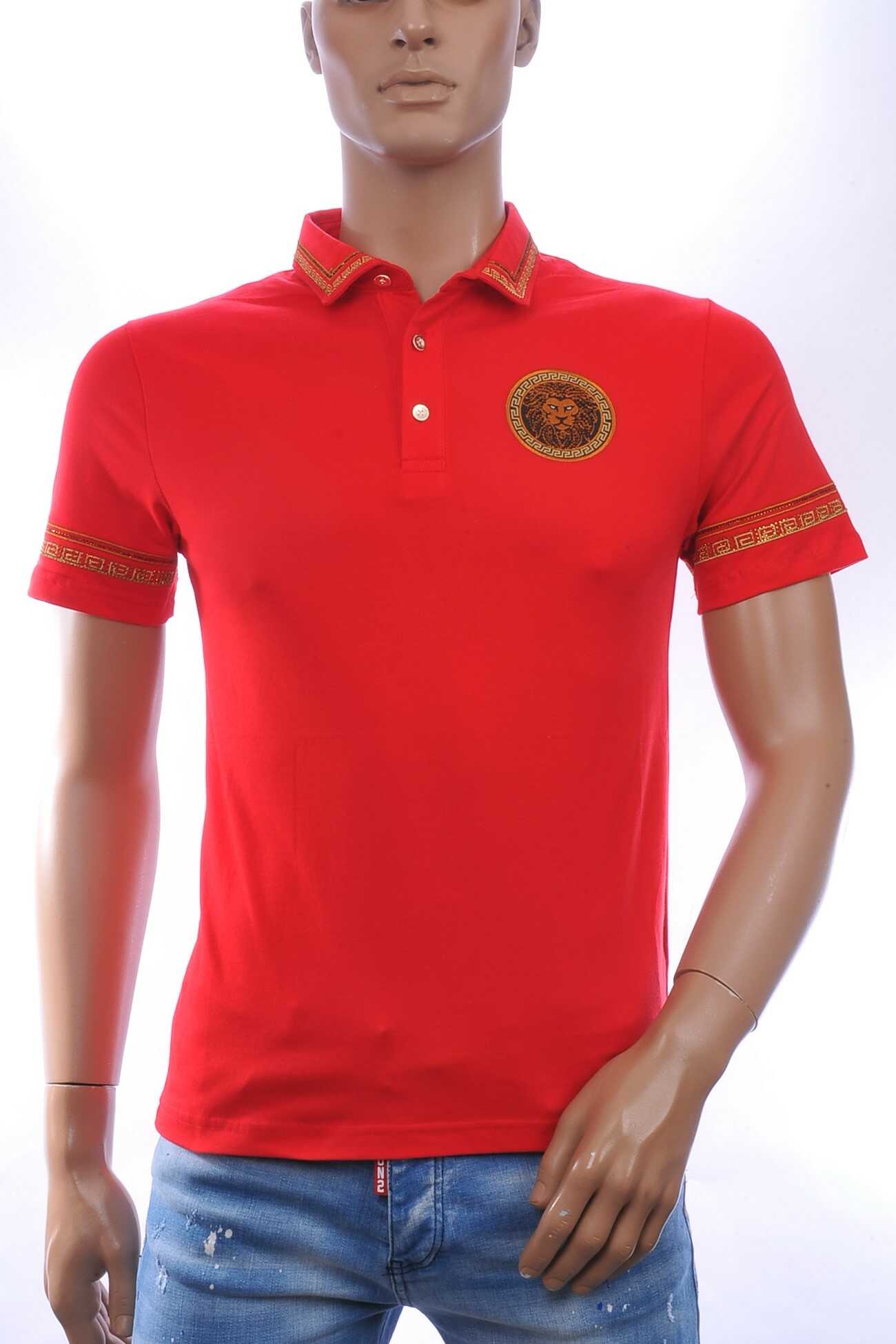LES DESIGNERS Heren Polo T-Shirt met Leeuwenkop Badge en Goudkleurige Steentjes – Rood