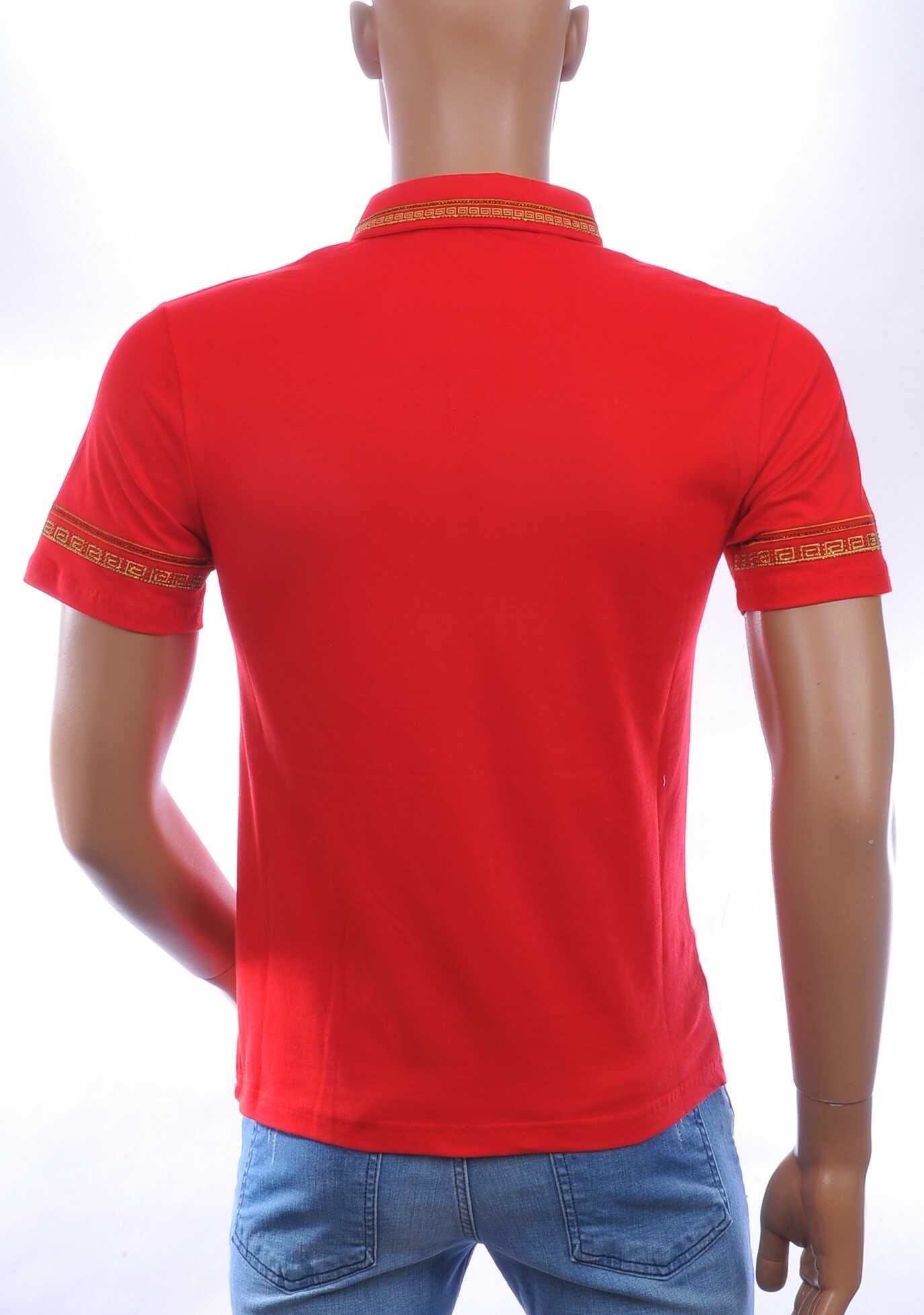 LES DESIGNERS Heren Polo T-Shirt met Leeuwenkop Badge en Goudkleurige Steentjes – Rood