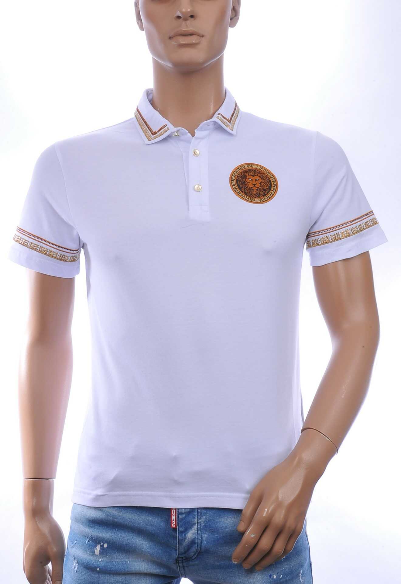 LES DESIGNERS Heren Polo T-Shirt met Leeuwenkop Badge en Goudkleurige Steentjes – Wit