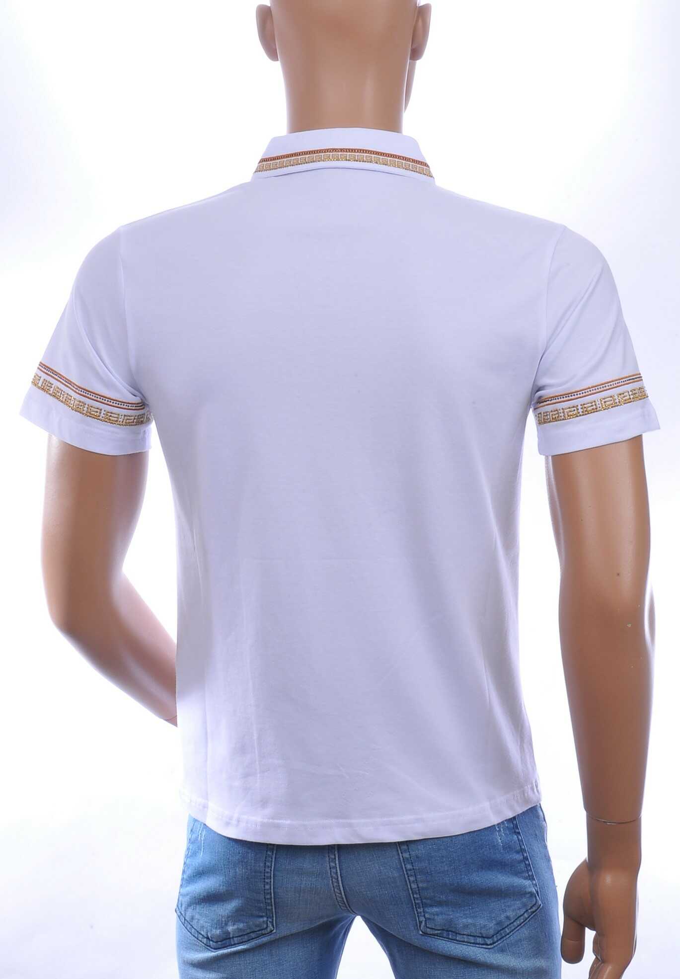 LES DESIGNERS Heren Polo T-Shirt met Leeuwenkop Badge en Goudkleurige Steentjes – Wit