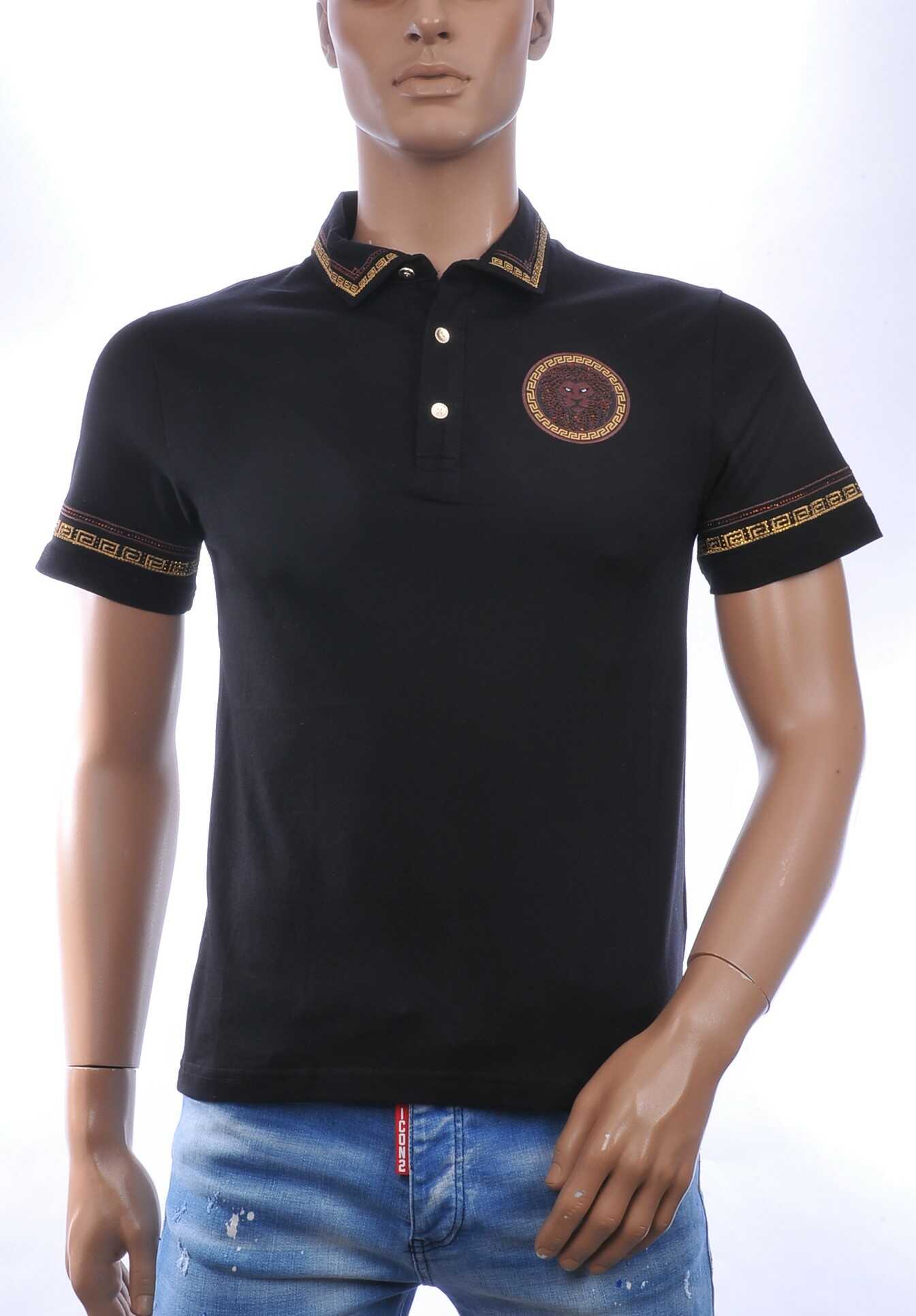 LES DESIGNERS Heren Polo T-Shirt met Leeuwenkop Badge en Goudkleurige Steentjes – Zwart
