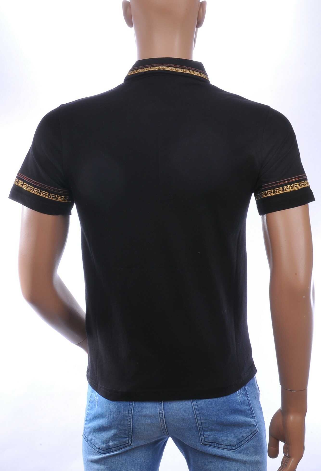 LES DESIGNERS Heren Polo T-Shirt met Leeuwenkop Badge en Goudkleurige Steentjes – Zwart