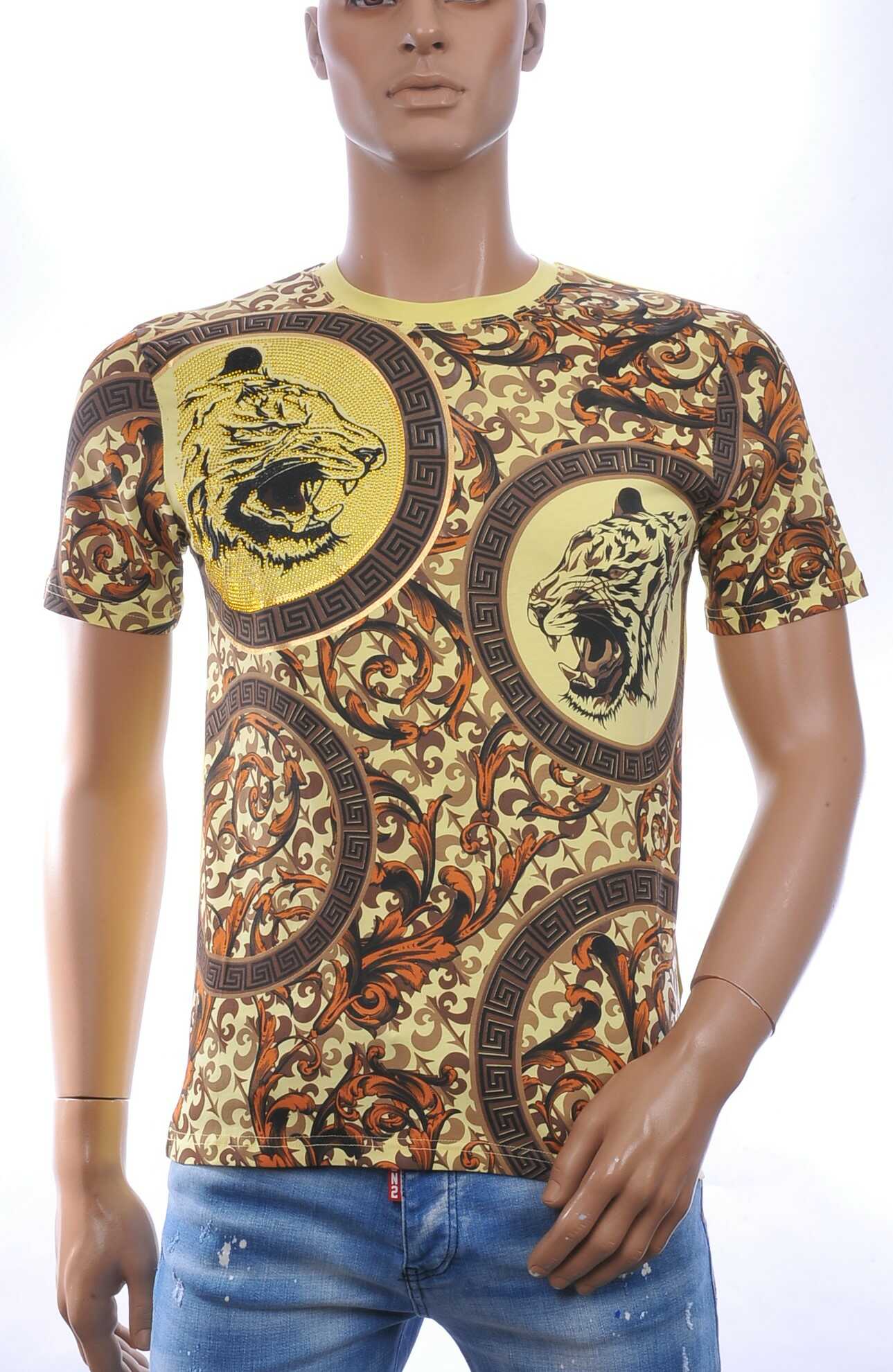 LES DESIGNERS Trendy Ronde Hals Heren T-Shirt met Tijgerkop en Steentjes - Geel