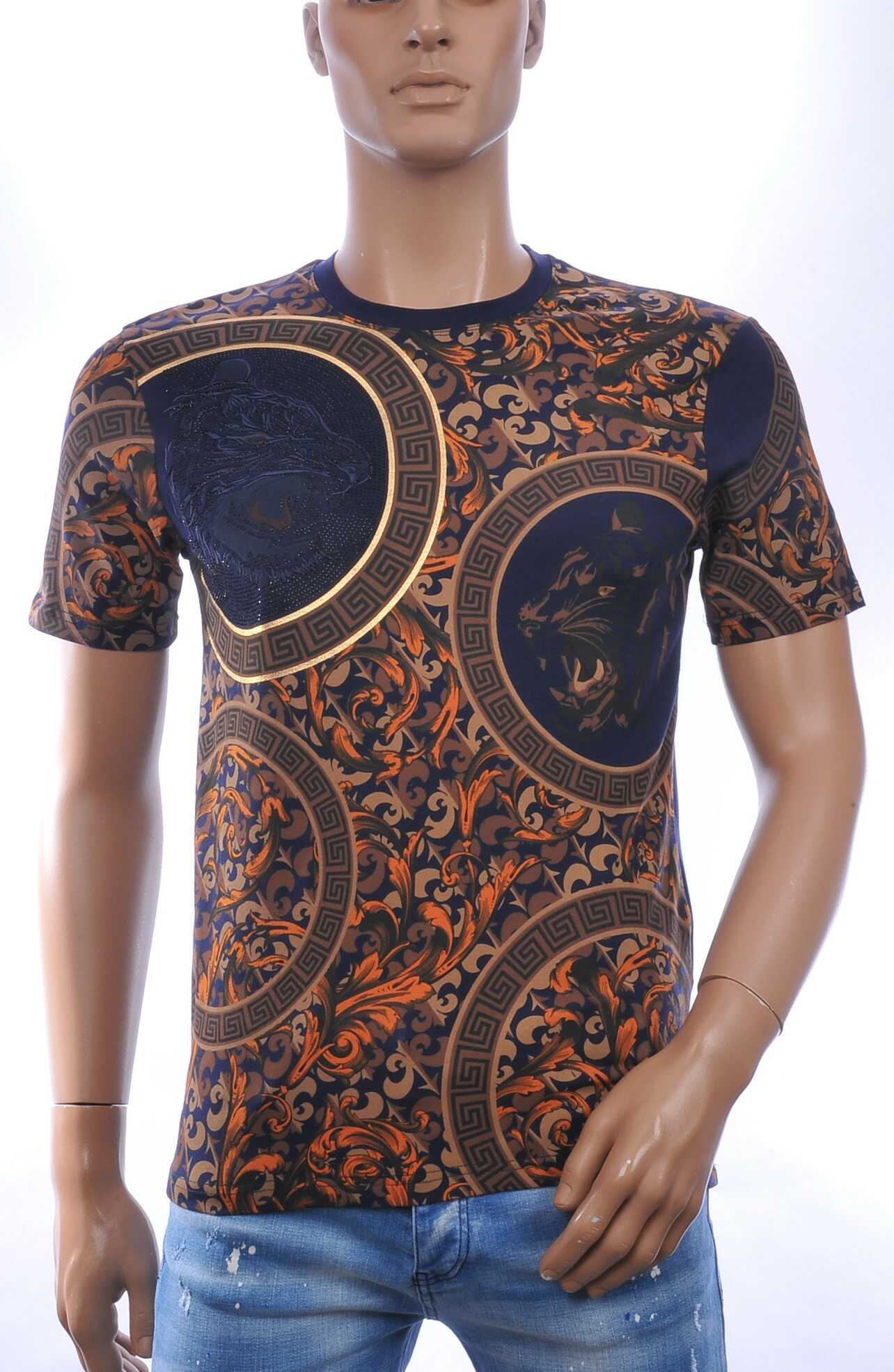 LES DESIGNERS Trendy Ronde Hals Heren T-Shirt met Tijgerkop en Steentjes - Navy