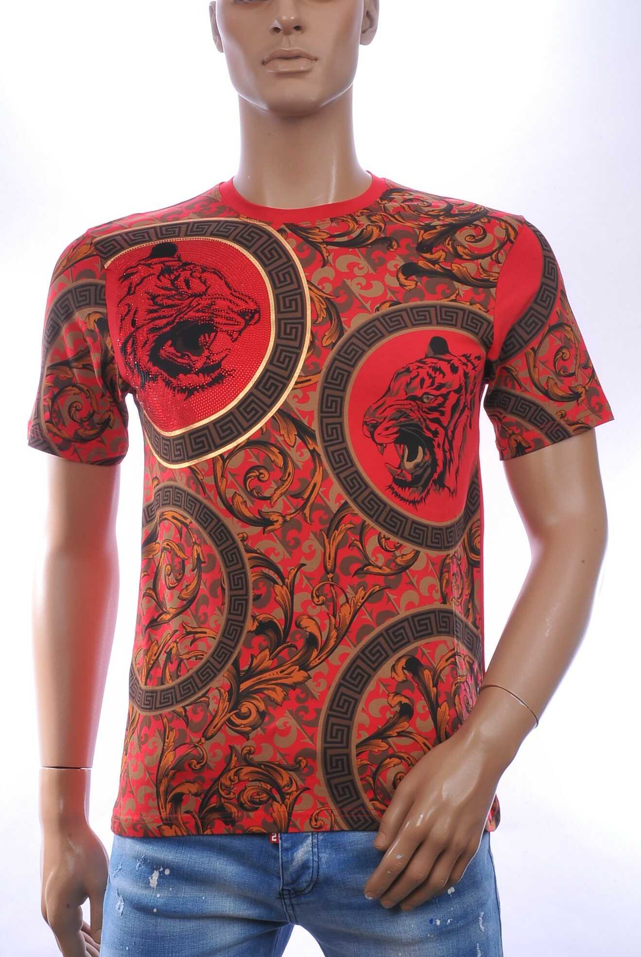 LES DESIGNERS Trendy Ronde Hals Heren T-Shirt met Tijgerkop en Steentjes - Rood