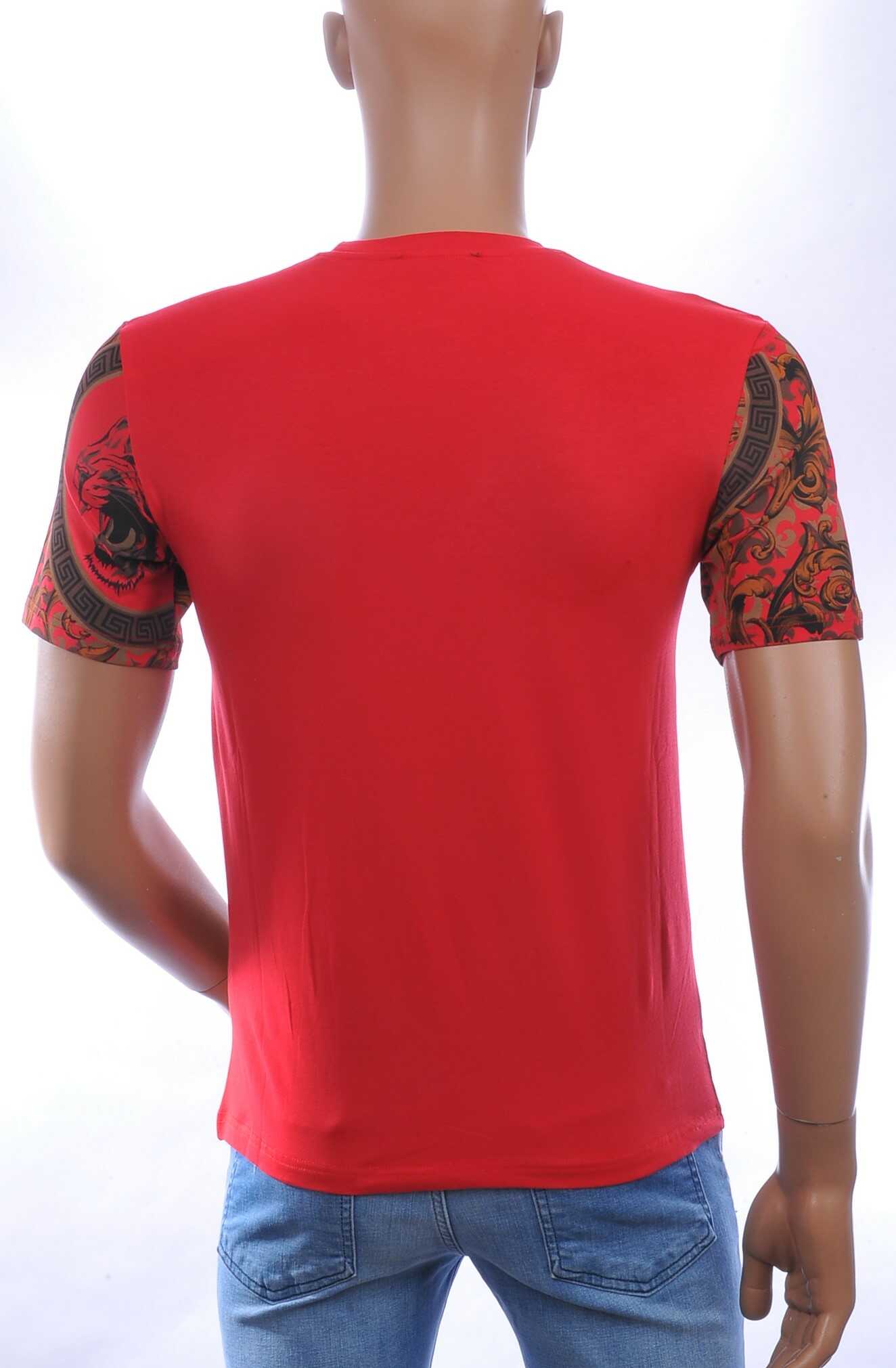 LES DESIGNERS Trendy Ronde Hals Heren T-Shirt met Tijgerkop en Steentjes - Rood