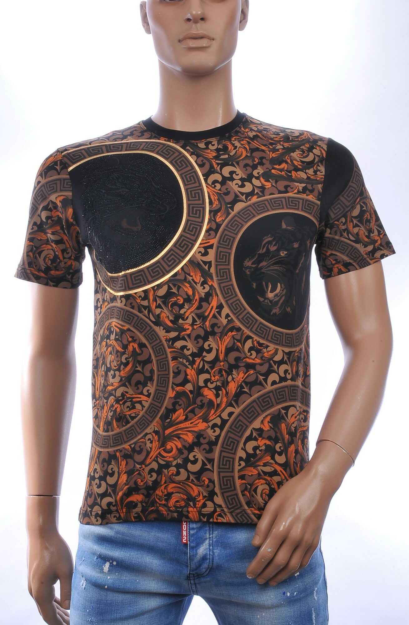LES DESIGNERS Trendy Ronde Hals Heren T-Shirt met Tijgerkop en Steentjes - Zwart