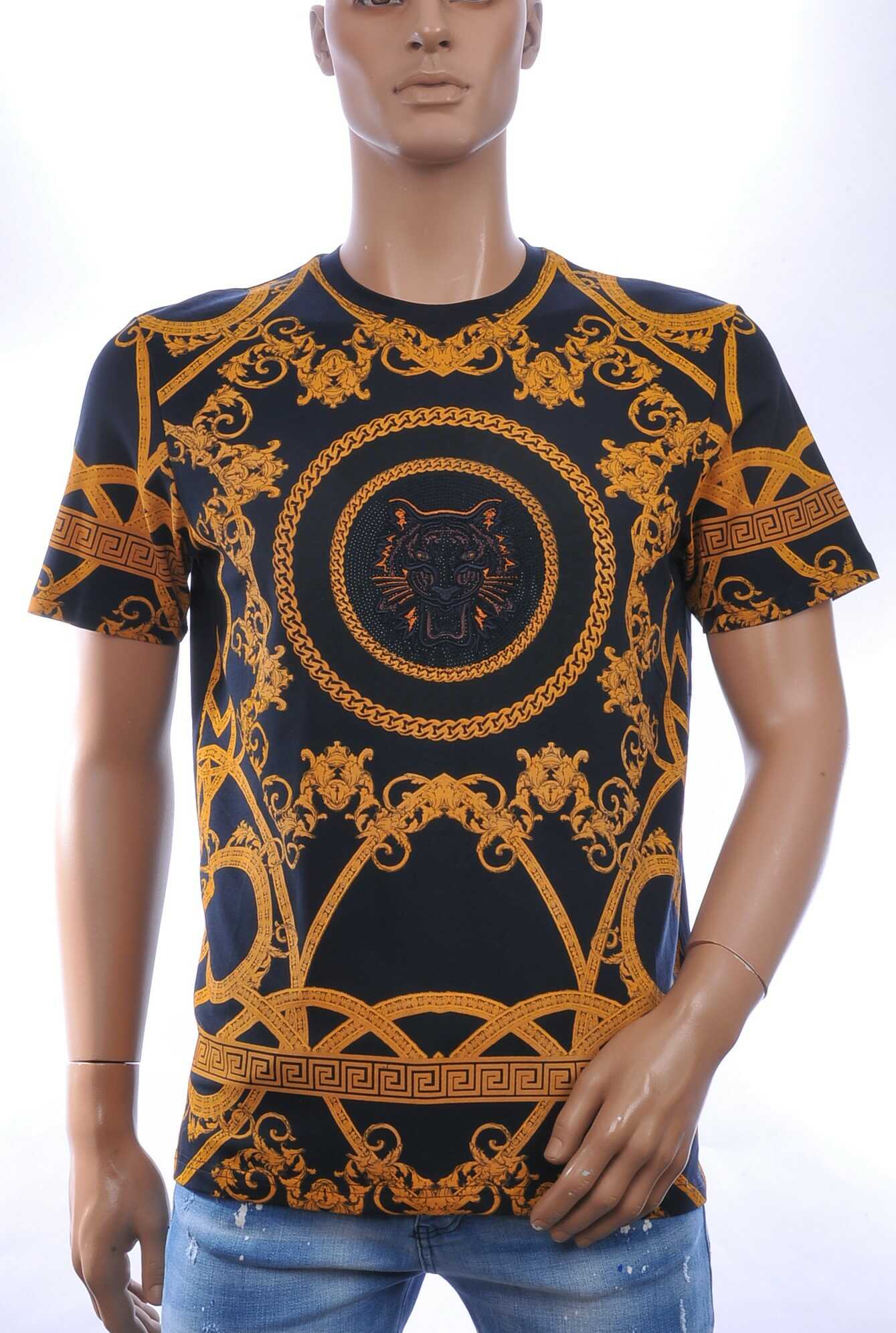 LES DESIGNERS Trendy Ronde hals Heren T-Shirt met Tijgerkop en Steentjes - Navy