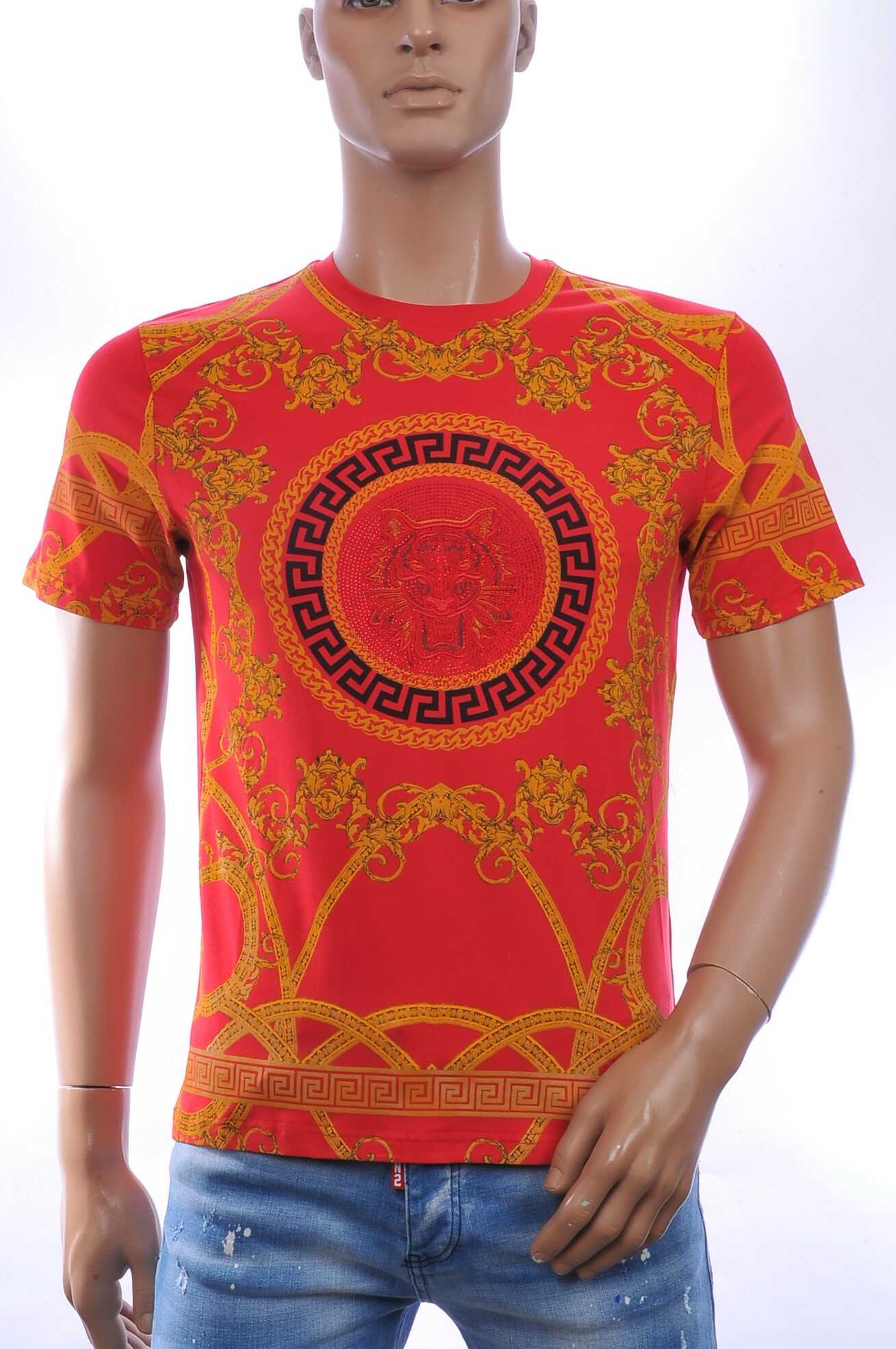 LES DESIGNERS Trendy Ronde hals Heren T-Shirt met Tijgerkop en Steentjes - Rood